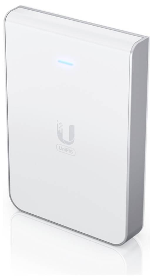 Un punto di accesso wireless rettangolare di colore bianco con un indicatore LED blu luminoso sulla parte superiore e un logo "UniFi" al centro.