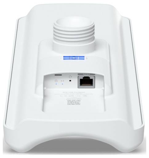 Un dispositivo esterno bianco resistente alle intemperie con porta di rete e indicatori LED per la connettività, progettato per il montaggio e l'uso esterno.