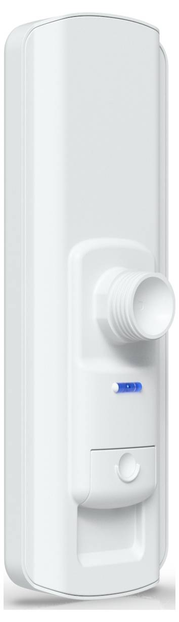 Un dispositivo elettronico bianco con un attacco cilindrico e un piccolo indicatore blu sul lato.