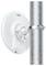 Un dispositivo wireless circolare bianco è montato su un palo metallico verticale tramite una pinza, mostrando un indicatore LED blu.