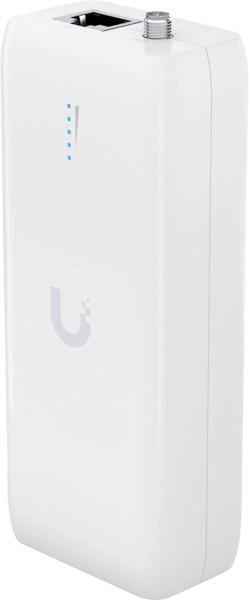 Un dispositivo elettronico bianco con luci LED blu e una porta sulla parte superiore, che mostra un logo. Sembra essere un dispositivo di rete o comunicazione.