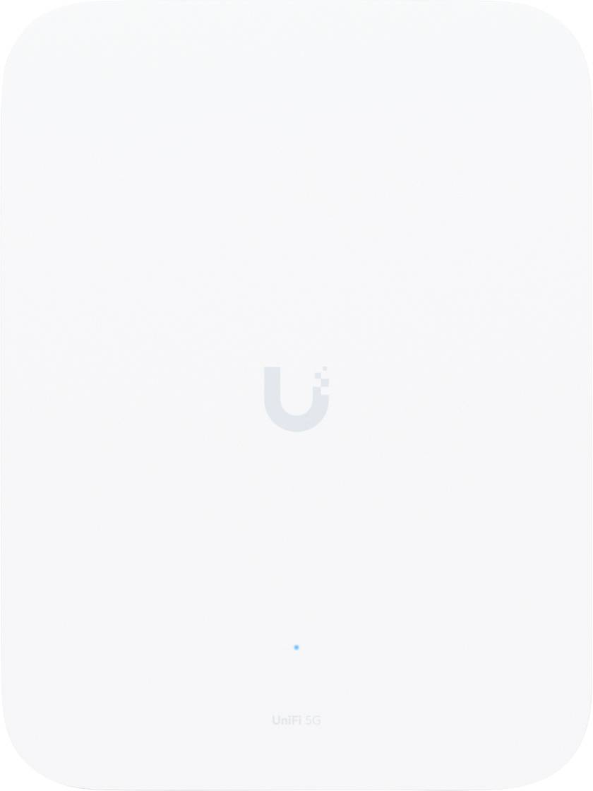 Un punto di accesso Wi-Fi rettangolare bianco con un piccolo logo "Ubiquiti" al centro e un indicatore LED blu nella parte inferiore.