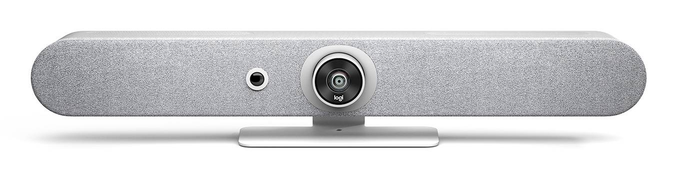 Una webcam per conferenze in argento con obiettivo fotocamera centrale e microfono, mostrata in vista frontale su un piccolo supporto.
