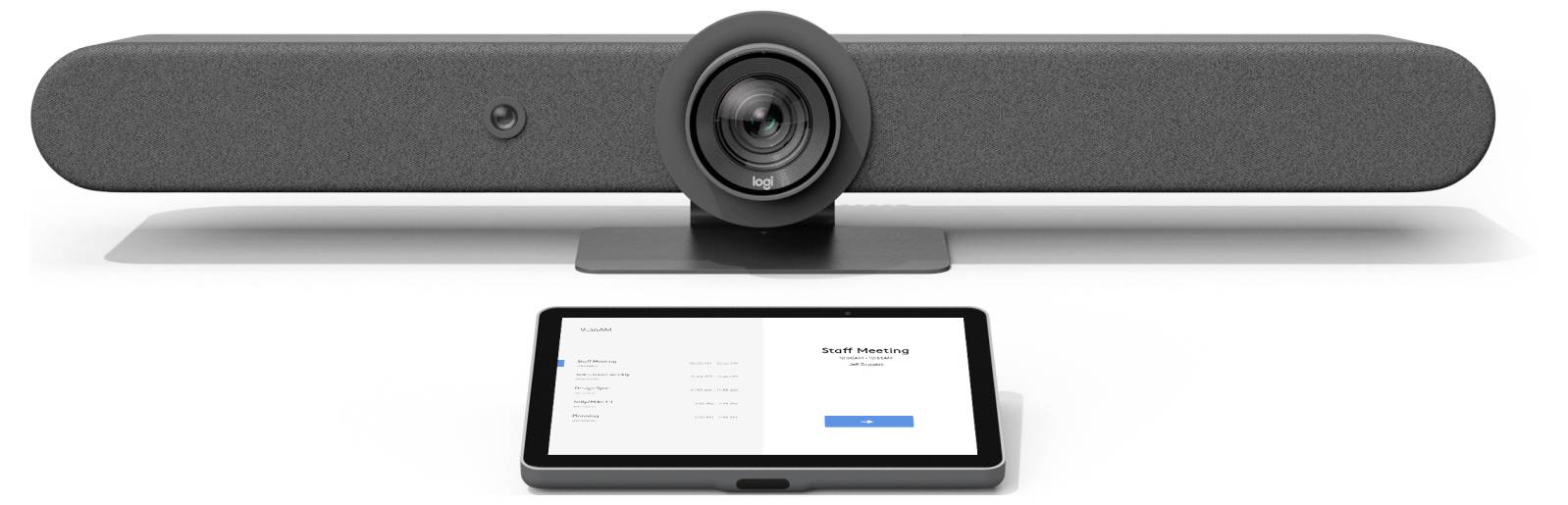Barra per videoconferenza con fotocamera e microfono integrati situata sopra un tablet che visualizza una schermata di configurazione o controllo su una scrivania.