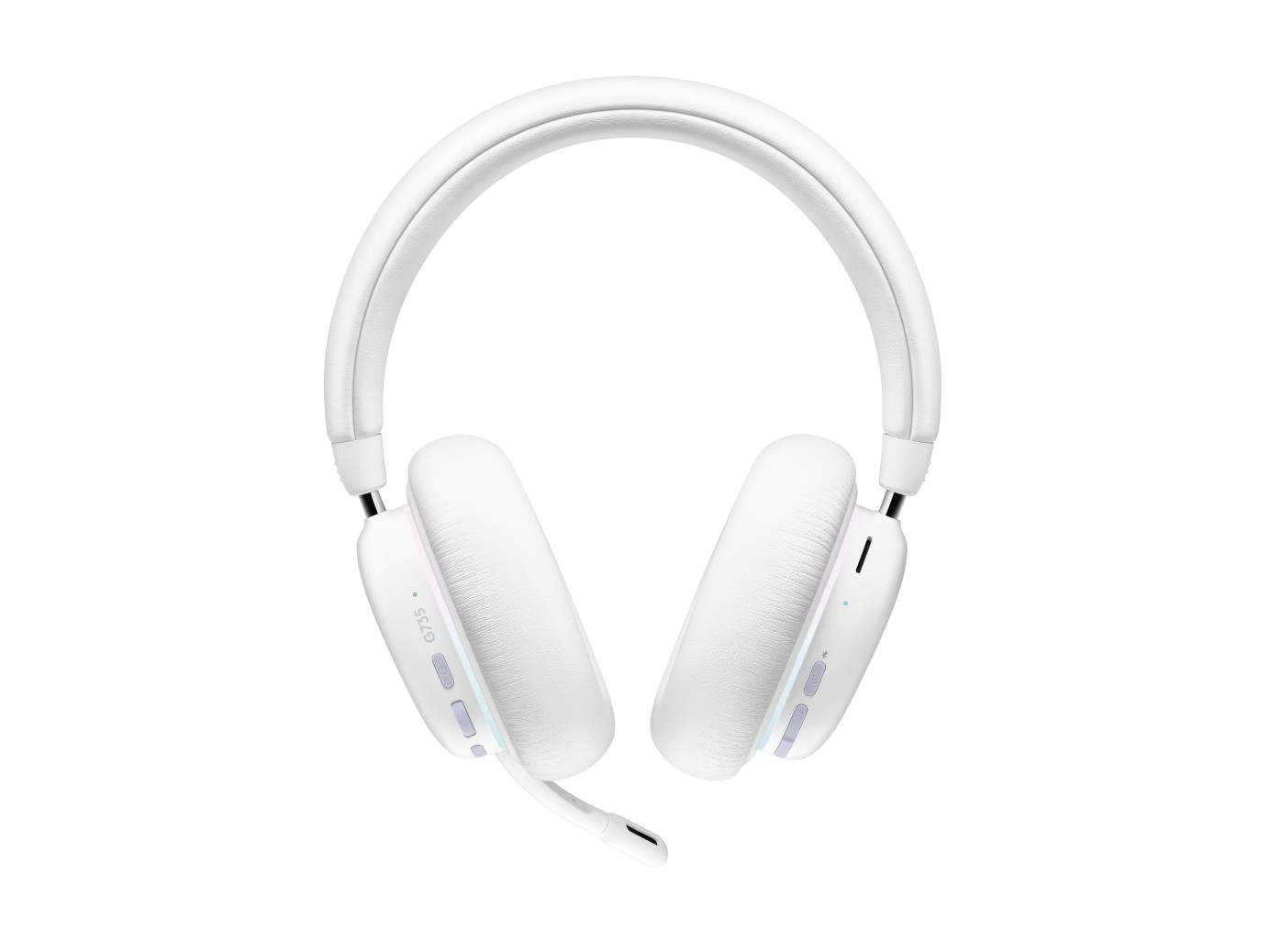 Cuffie bianche over-ear con microfono integrato su sfondo bianco neutro.