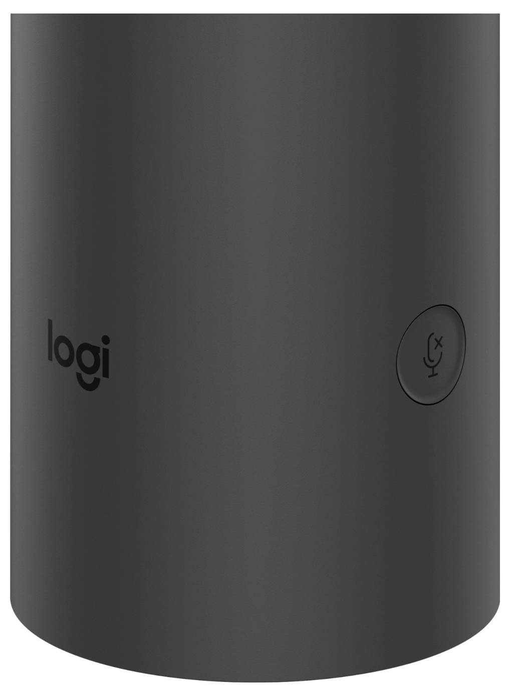 Primo piano di un dispositivo Logitech nero con il logo "logi" e un pulsante circolare per disattivare il microfono.