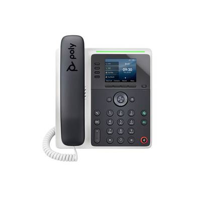 Telefono da scrivania Poly con cornetta, display a colori che mostra 09:30, pad di navigazione e tastiera numerica su sfondo bianco.
