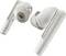 Auricolari wireless bianchi con contatti di ricarica, mostrati staccati su uno sfondo bianco neutro.