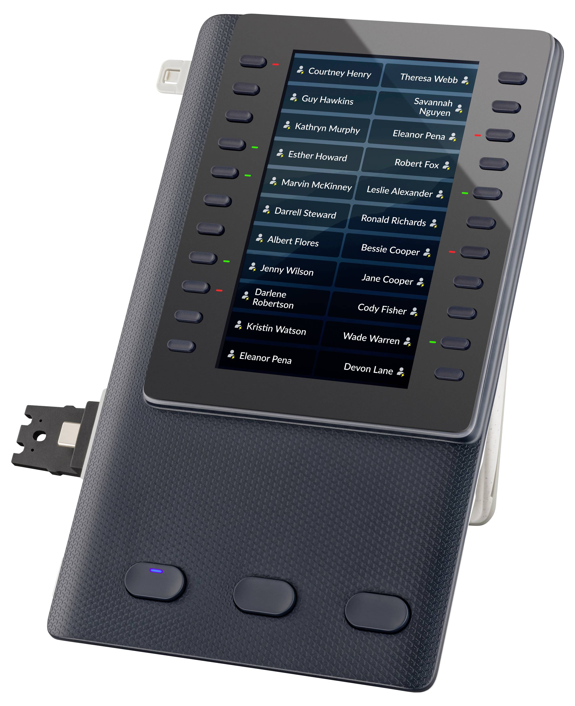 Tastiera di accesso ufficio elettronica che visualizza un elenco di nomi di dipendenti con spie luminose e pulsanti laterali su un dispositivo scuro.