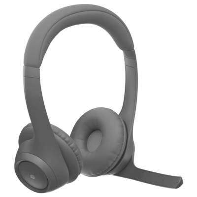 Cuffia wireless grigia con archetto over-ear e microfono boom integrato su sfondo bianco.
