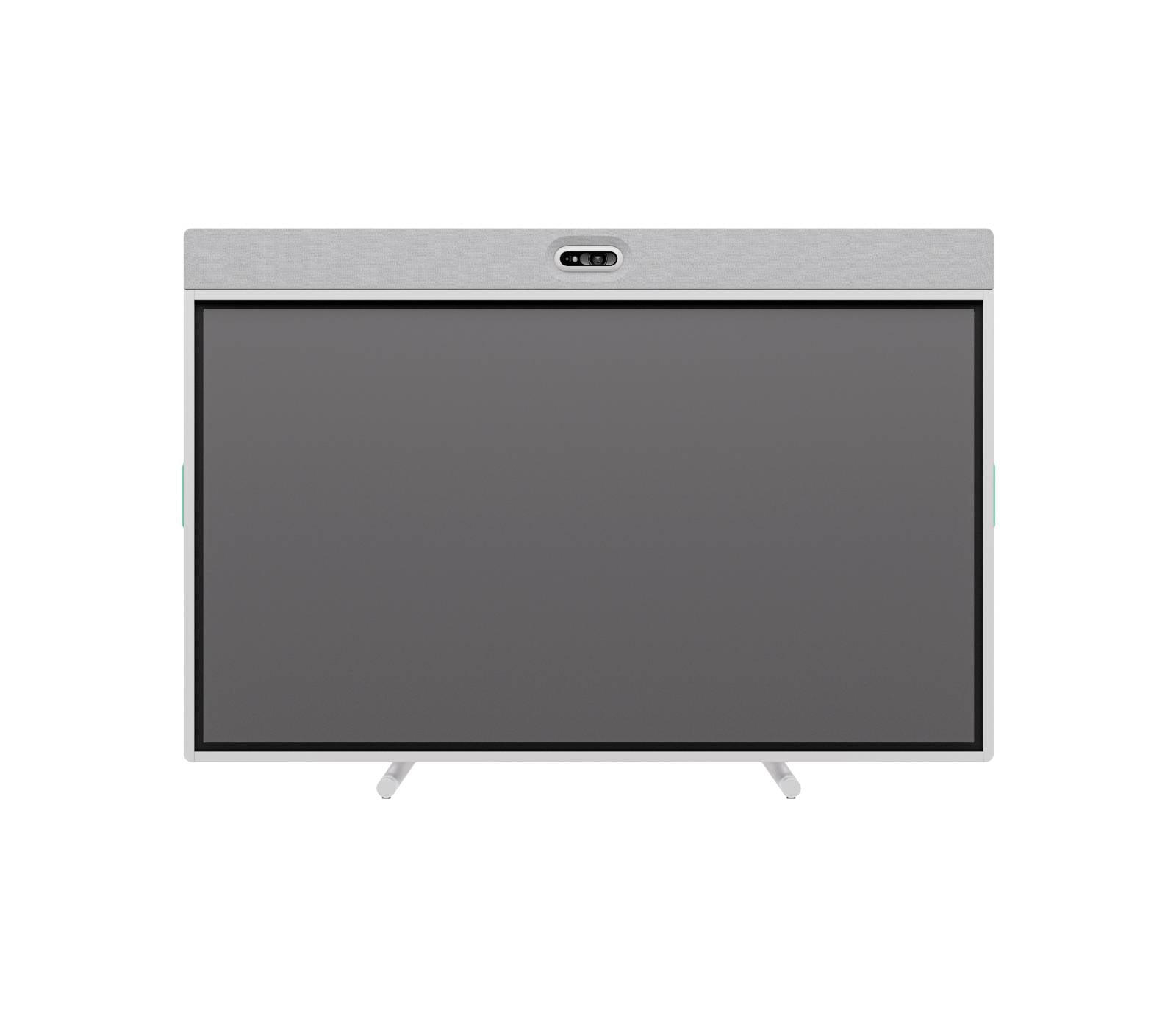 Vista frontale di un televisore a schermo piatto con display scuro vuoto, cornice superiore argentata e due gambe di supporto inclinate su uno sfondo bianco.