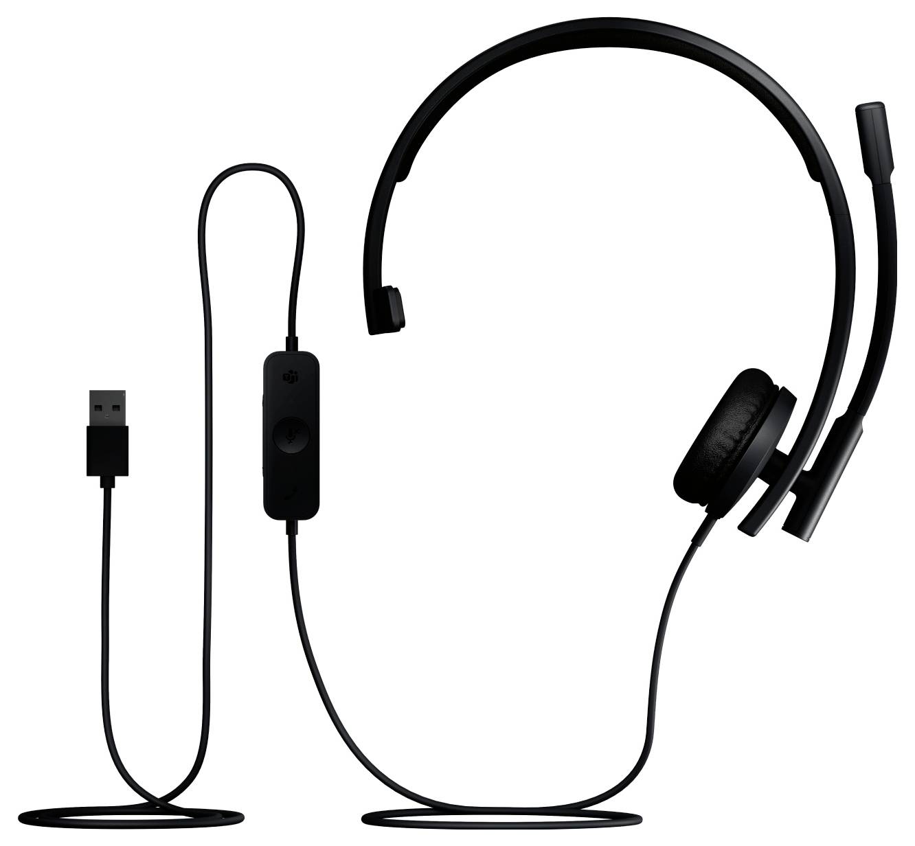 Cuffia USB cablata nera con microfono a braccio e controllo inline su sfondo bianco.
