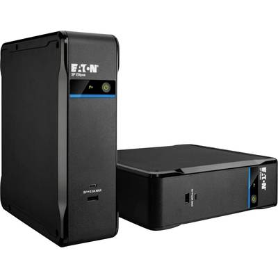 Due unità Eaton 5P Ellipse UPS nere, una in posizione verticale e una distesa orizzontalmente, con indicatori del pulsante di alimentazione e porte anteriori su uno sfondo bianco.