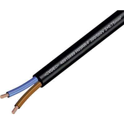 Cavo elettrico nero a 2 nuclei con fili isolati blu e marrone esposti a un'estremità, etichettato 'H05RR-F 300/500V 2x0,75mm²'.