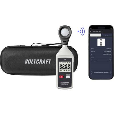Kit luxmetro Voltcraft con custodia da trasporto, sensore portatile e app per smartphone che mostra il dispositivo di misurazione collegato.