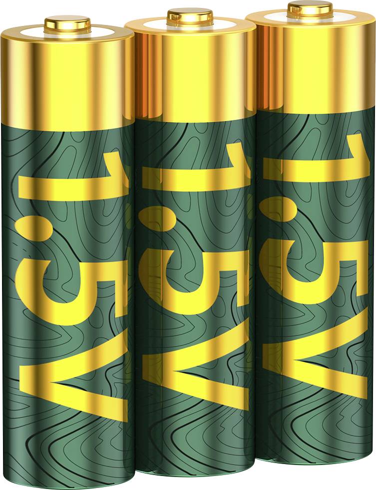 Tre batterie AA sono allineate una accanto all'altra, ciascuna etichettata "1,5V". Hanno i vertici dorati e un corpo verde con un motivo sottile.