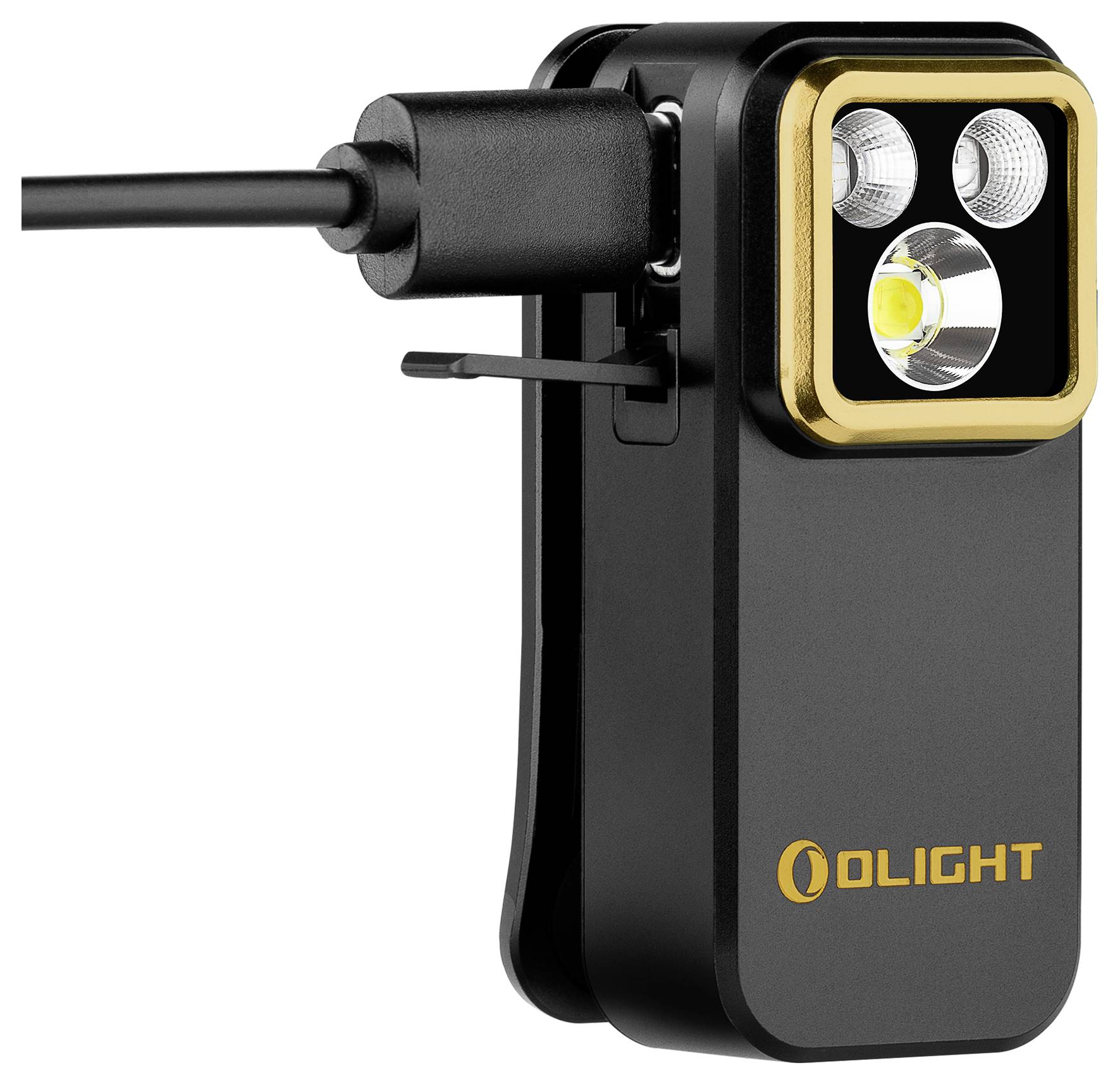 Una compatta torcia nera con una faccia quadrata bordata d'oro, dotata di due luci LED nella parte anteriore. Ha un cavo di ricarica collegato.