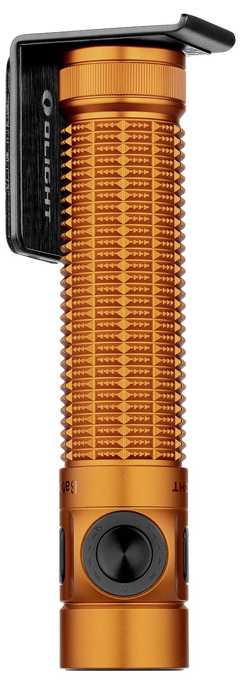 Una torcia compatta e arancione con impugnatura texture e una clip nera attaccata.