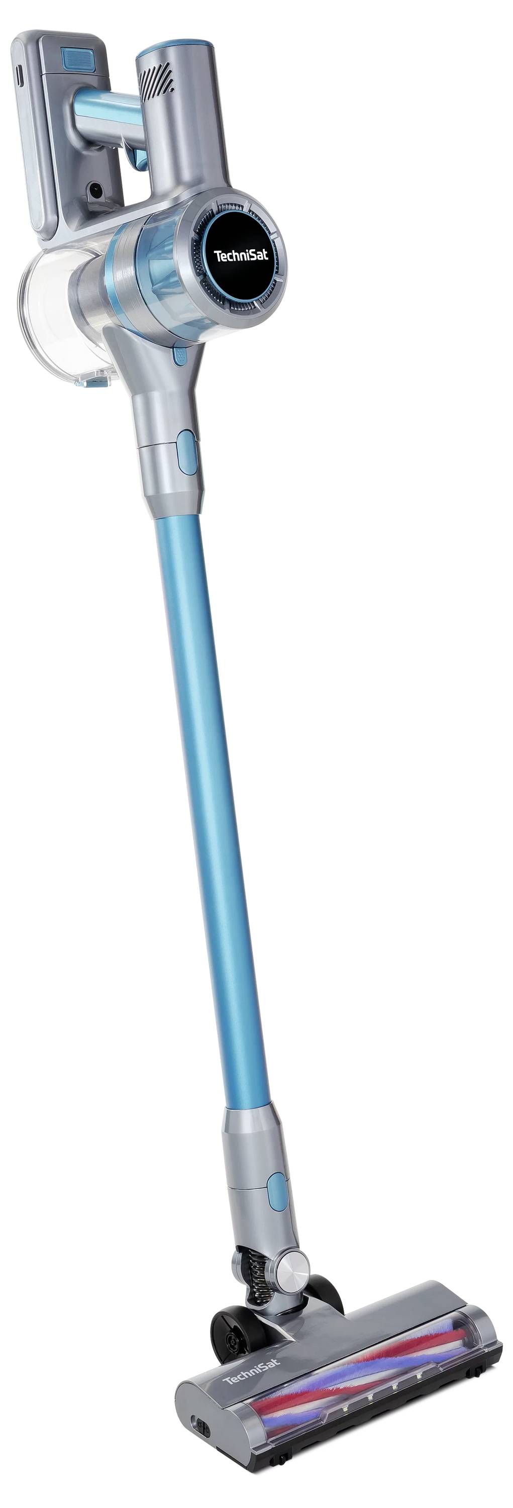 Un aspirapolvere cordless a bastone con un design argento e blu, dotato di un contenitore polvere trasparente e una spazzola motorizzata.