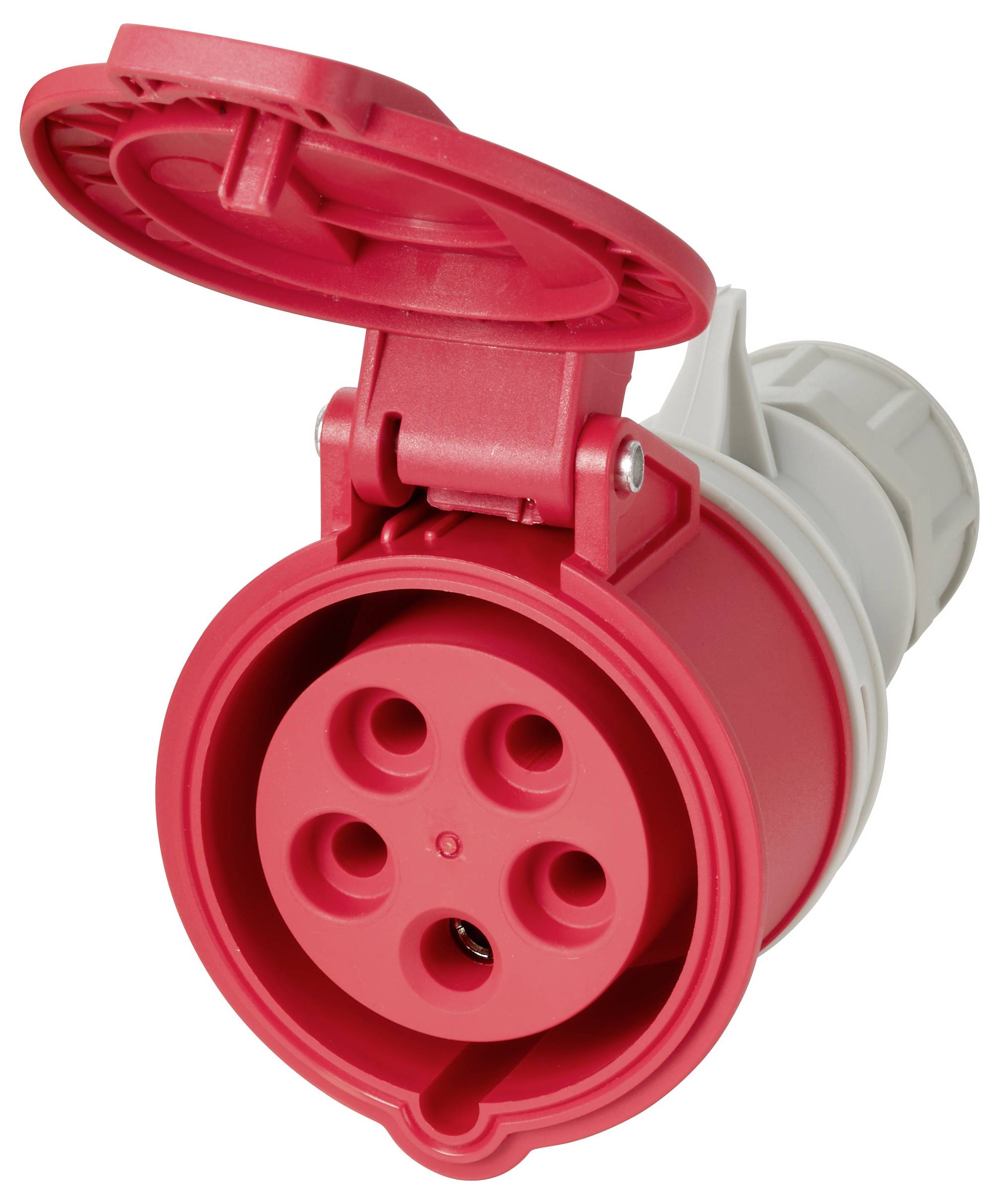 Presa elettrica industriale rossa con coperchio incernierato, vista frontale su corpo connettore grigio.