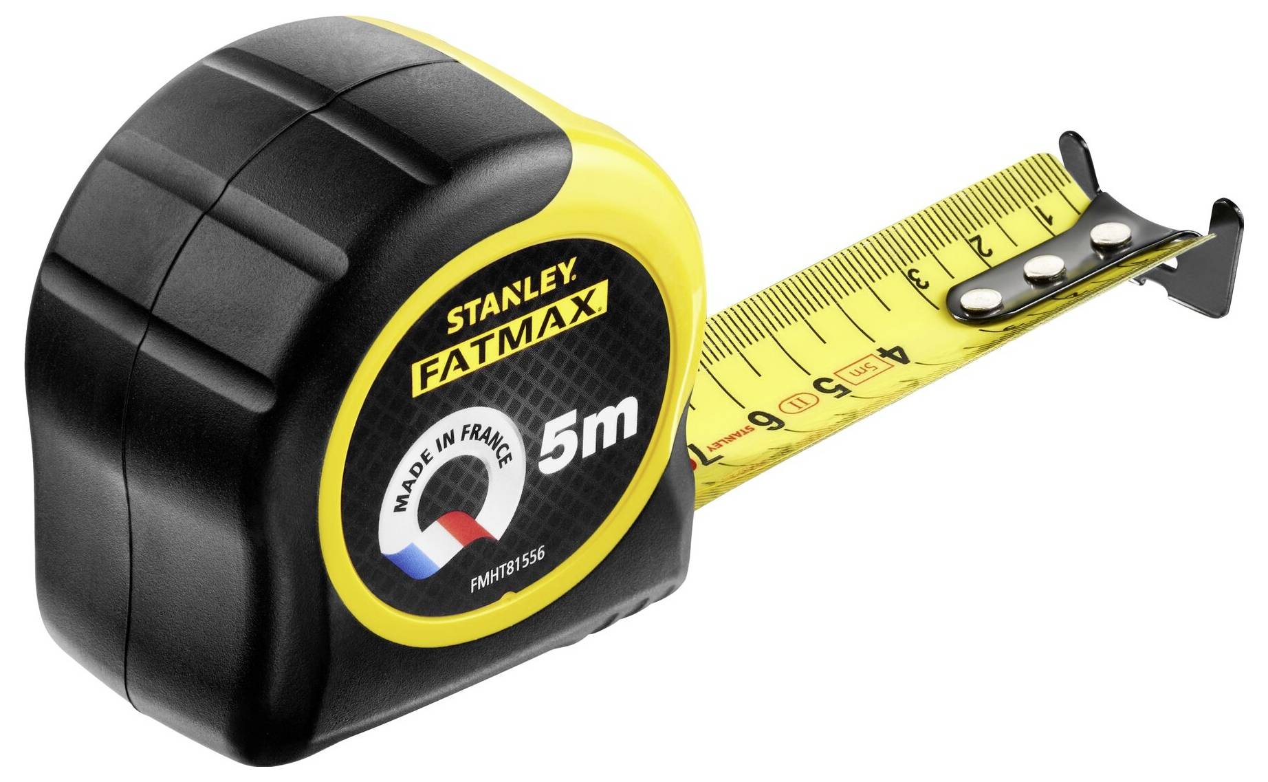 Un metro a nastro Stanley giallo e nero, esteso con una misurazione di 5 metri.