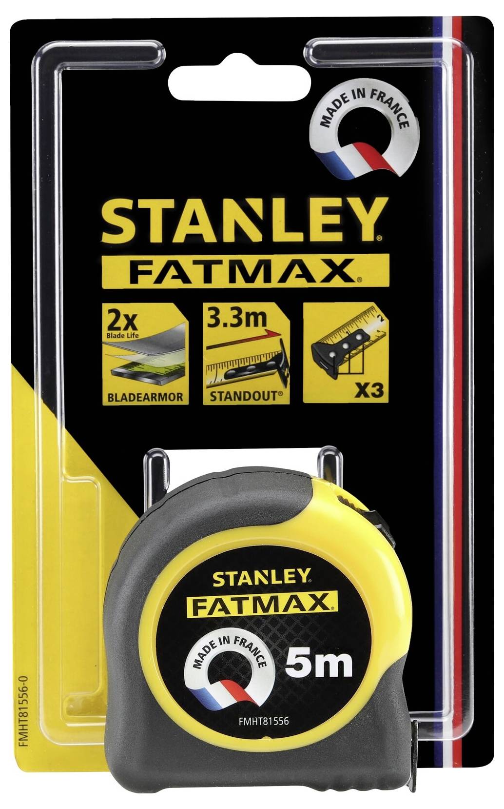 Metro a nastro Stanley FatMax, 5 metri, con BladeArmor e portata di 3,3 m, realizzato in Francia, caratteristiche sulla confezione.