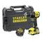 Un trapano senza fili giallo e nero con una batteria e custodia di trasporto nera, etichettato "Stanley Fatmax".