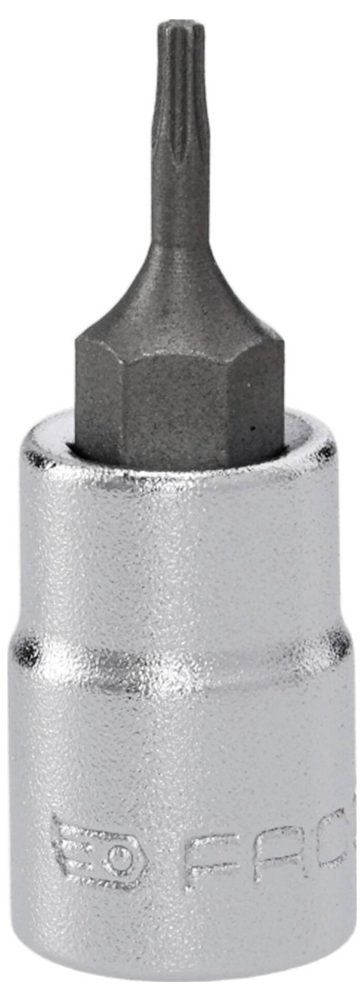 Un inserto per chiave a tubo in metallo argentato con gambo esagonale e punta a forma di stella, utilizzato per stringere o allentare viti con pattern a stella.