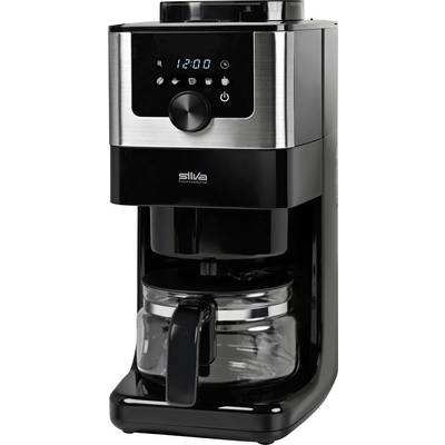 Una elegante caffettiera nera e in acciaio inossidabile con un display digitale che mostra "12:00". Una caraffa di vetro è posizionata nella parte inferiore.