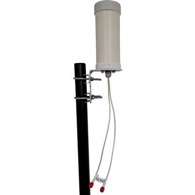Antenna cellulare montata su un palo nero con due cavi collegati che terminano in porte etichettate.