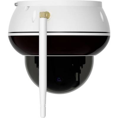 Una telecamera di sicurezza a cupola bianca e nera con antenna, progettata per scopi di sorveglianza, mostrata su uno sfondo neutro.