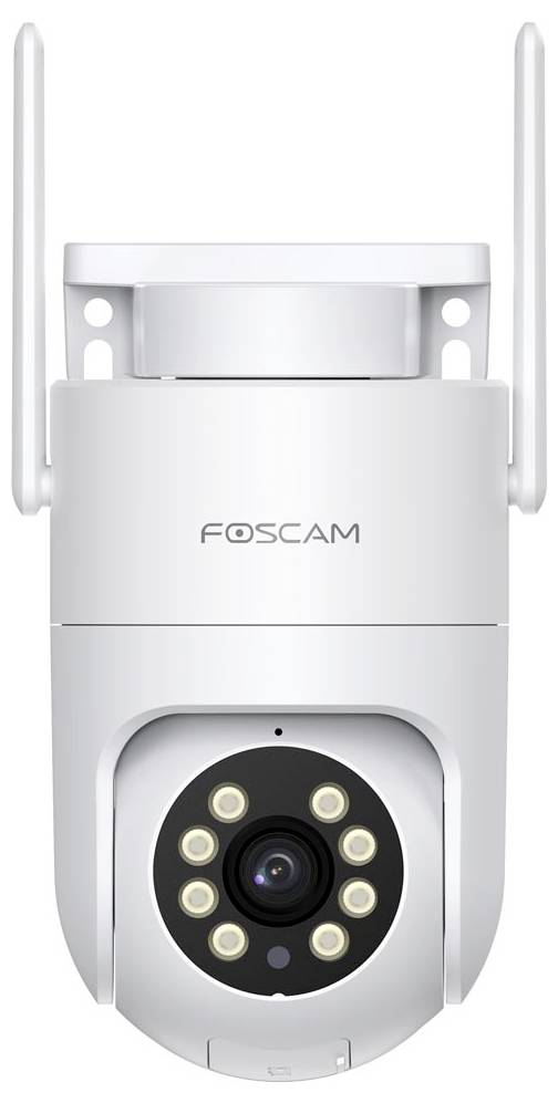 Una telecamera di sicurezza Foscam bianca con doppio antenna, caratterizzata da un obiettivo centrale circondato da otto luci LED infrarosse per la visione notturna.