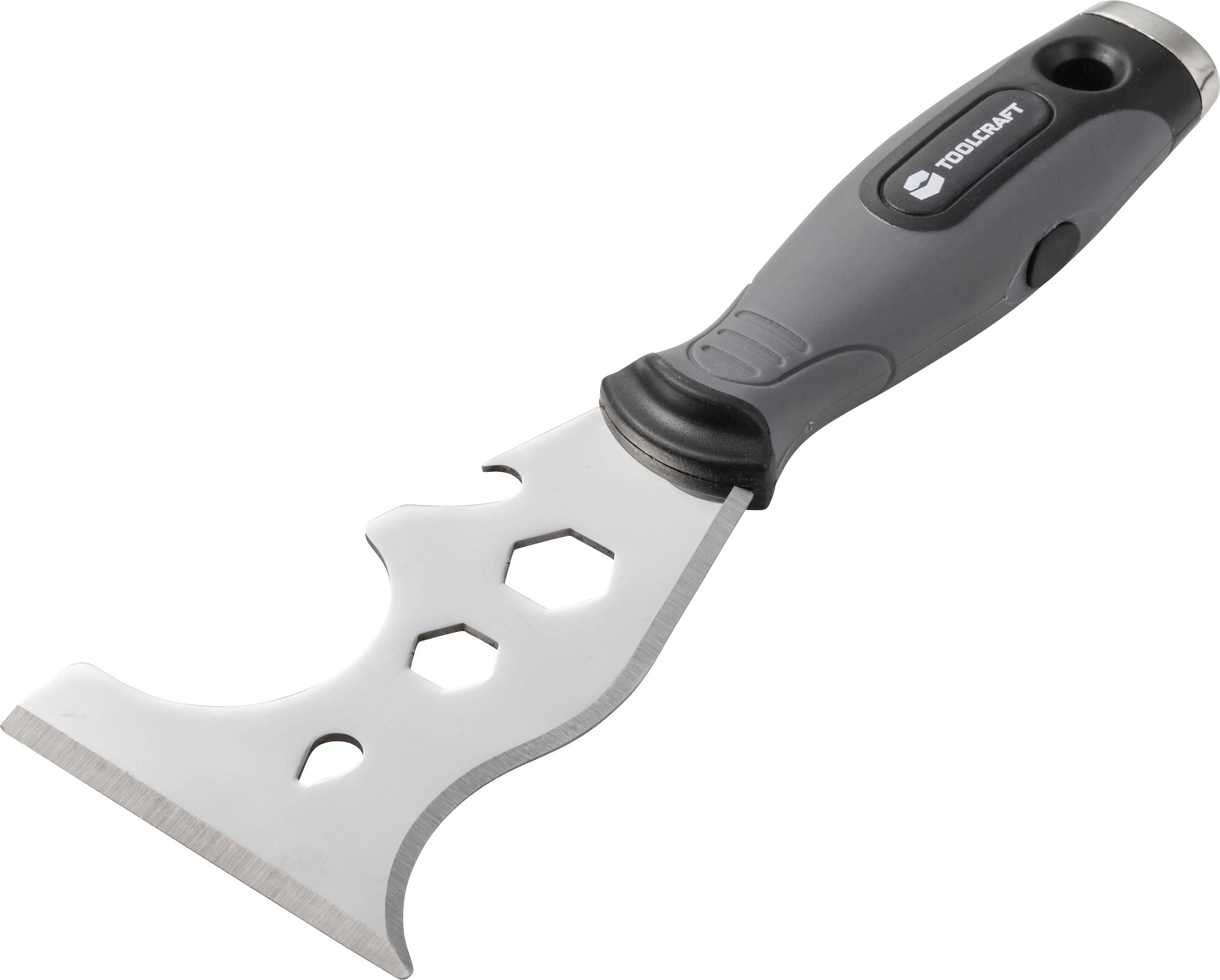 Un raschietto per vernice portatile con un manico ergonomico nero e una lama in metallo larga con molteplici ritagli.