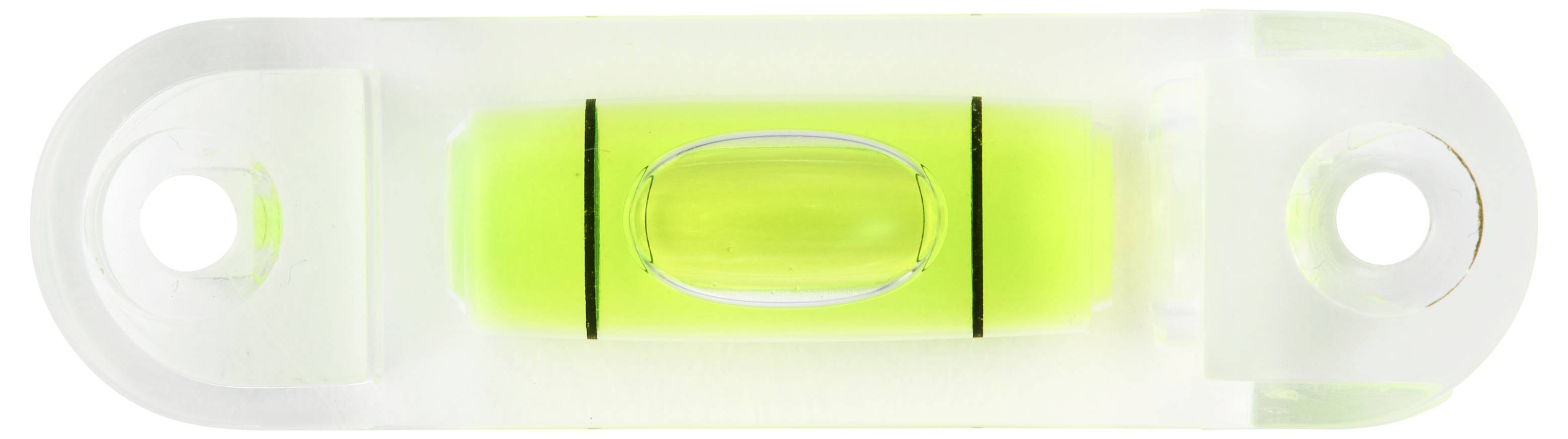 Una fiala di livella a bolla d'aria centrata in un livello di plastica trasparente, che mostra la bolla allineata tra due linee guida nere.