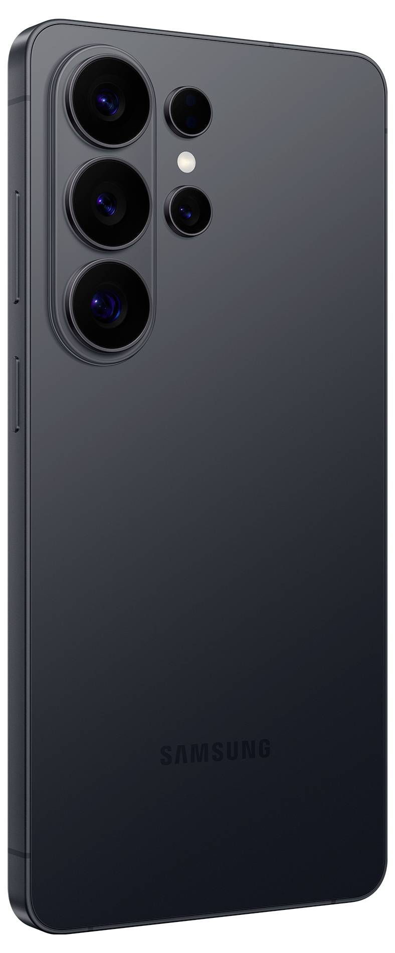 Un smartphone Samsung nero che mette in evidenza il setup quad-camera posteriore, evidenziando le sue avanzate capacità fotografiche.