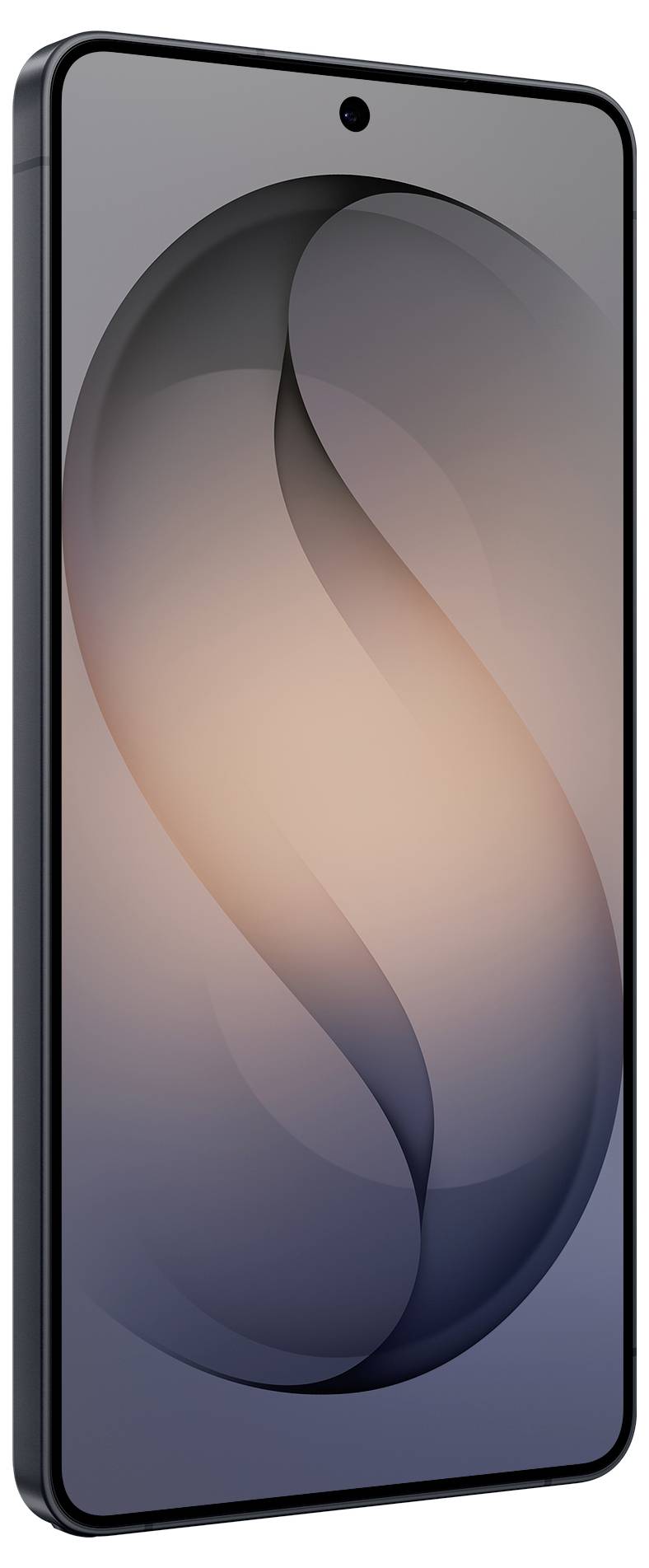 Uno smartphone elegante con un grande schermo che visualizza un design astratto in tonalità di grigio e pesca. Il dispositivo ha una cornice sottile e una fotocamera frontale.