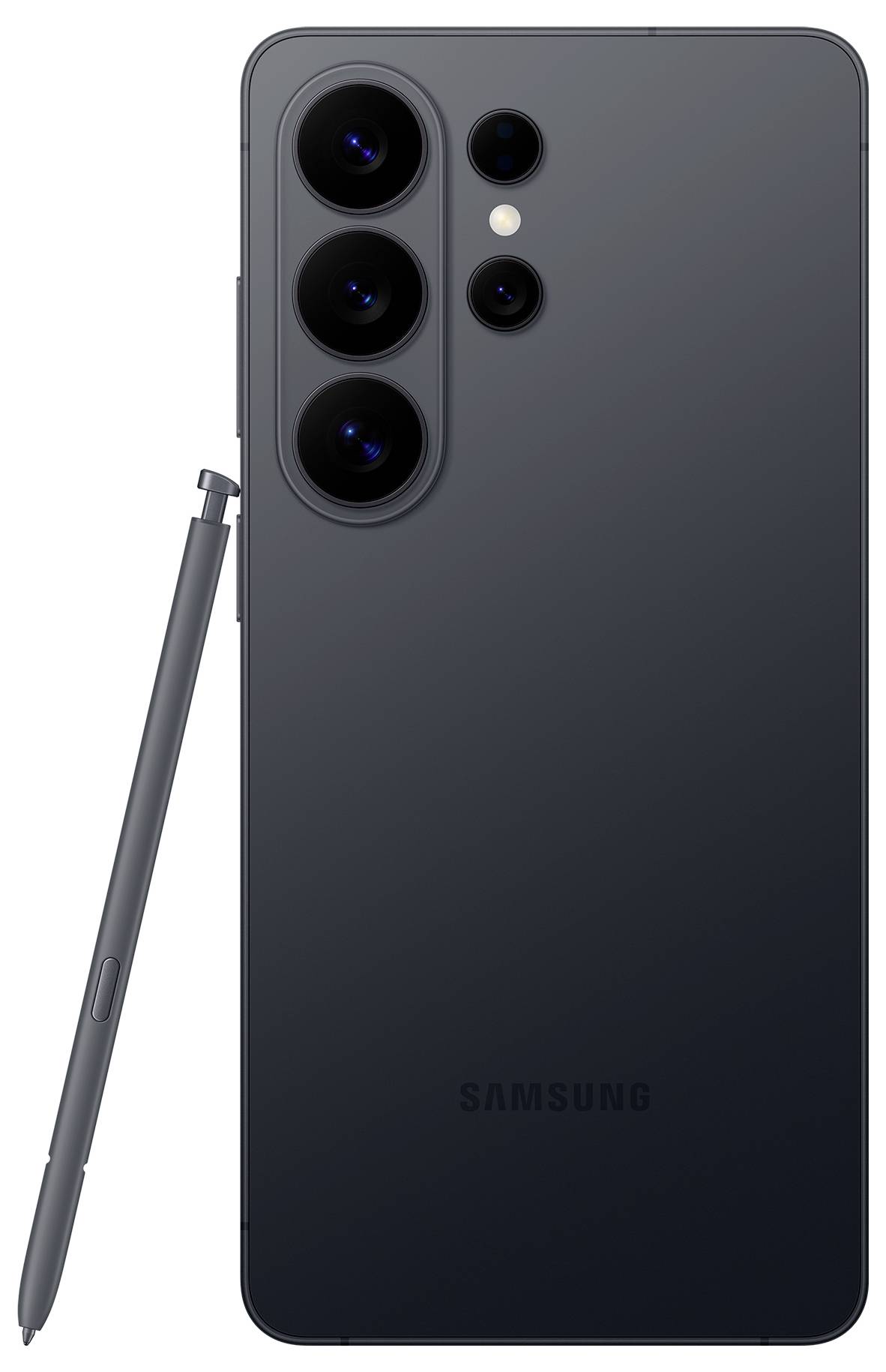 Un elegante smartphone grigio scuro con quattro fotocamere posteriori e una penna stilo di accompagnamento posizionata accanto al dispositivo.