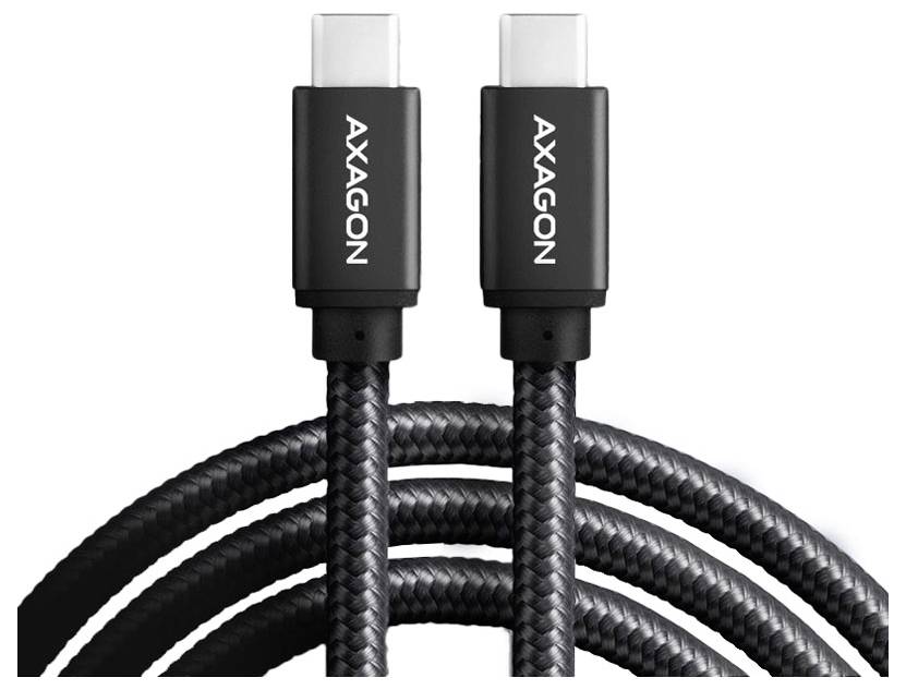 Due cavi USB-C intrecciati neri con connettori AXAGON su uno sfondo bianco.