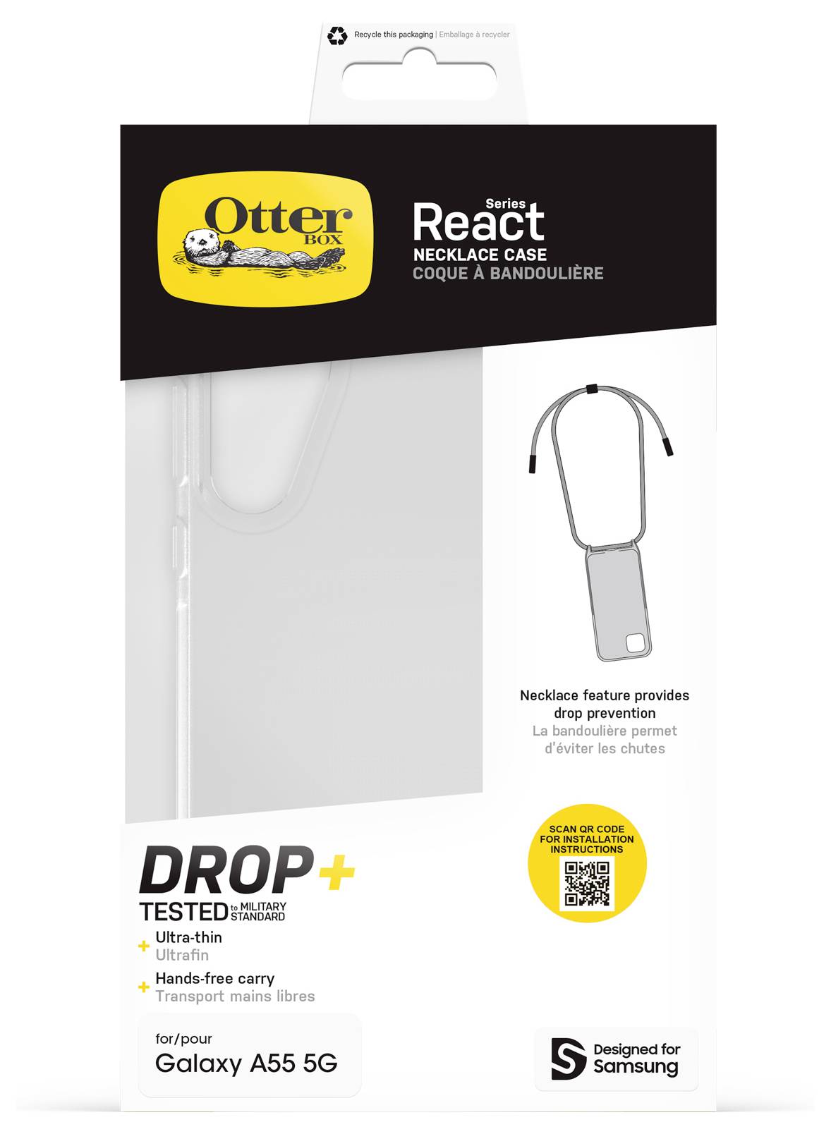 Custodia da collo OtterBox serie React per Samsung Galaxy A55 5G, con protezione da cadute, design ultra-sottile e codice QR per l'installazione.