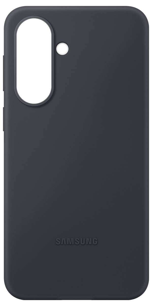 Custodia nera per telefono Samsung con un ampio ritaglio verticale per la fotocamera e una piccola apertura per il flash nella parte superiore.
