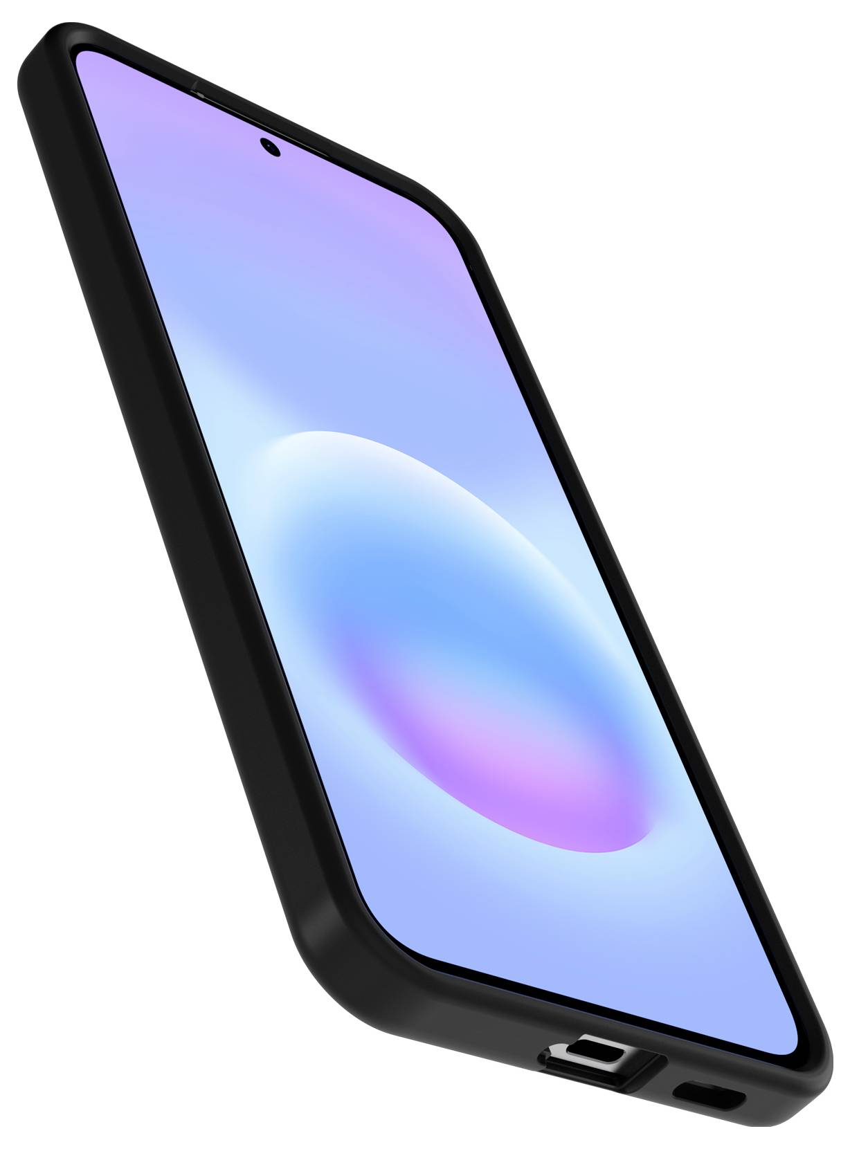 Smartphone nero angolato con schermo a gradiente blu-viola e foro della fotocamera anteriore centrato, mostrato su sfondo bianco.
