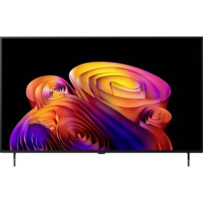 Un televisore a schermo piatto che visualizza un vivido turbine astratto di nastri arancioni, rosa, viola e blu su uno sfondo nero.