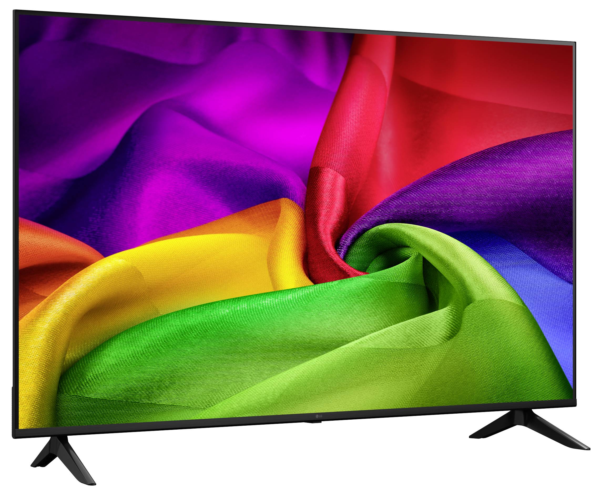 Televisore a schermo piatto che visualizza una vivida grafica con turbine arcobaleno sullo schermo, mostrato su un supporto su uno sfondo bianco.