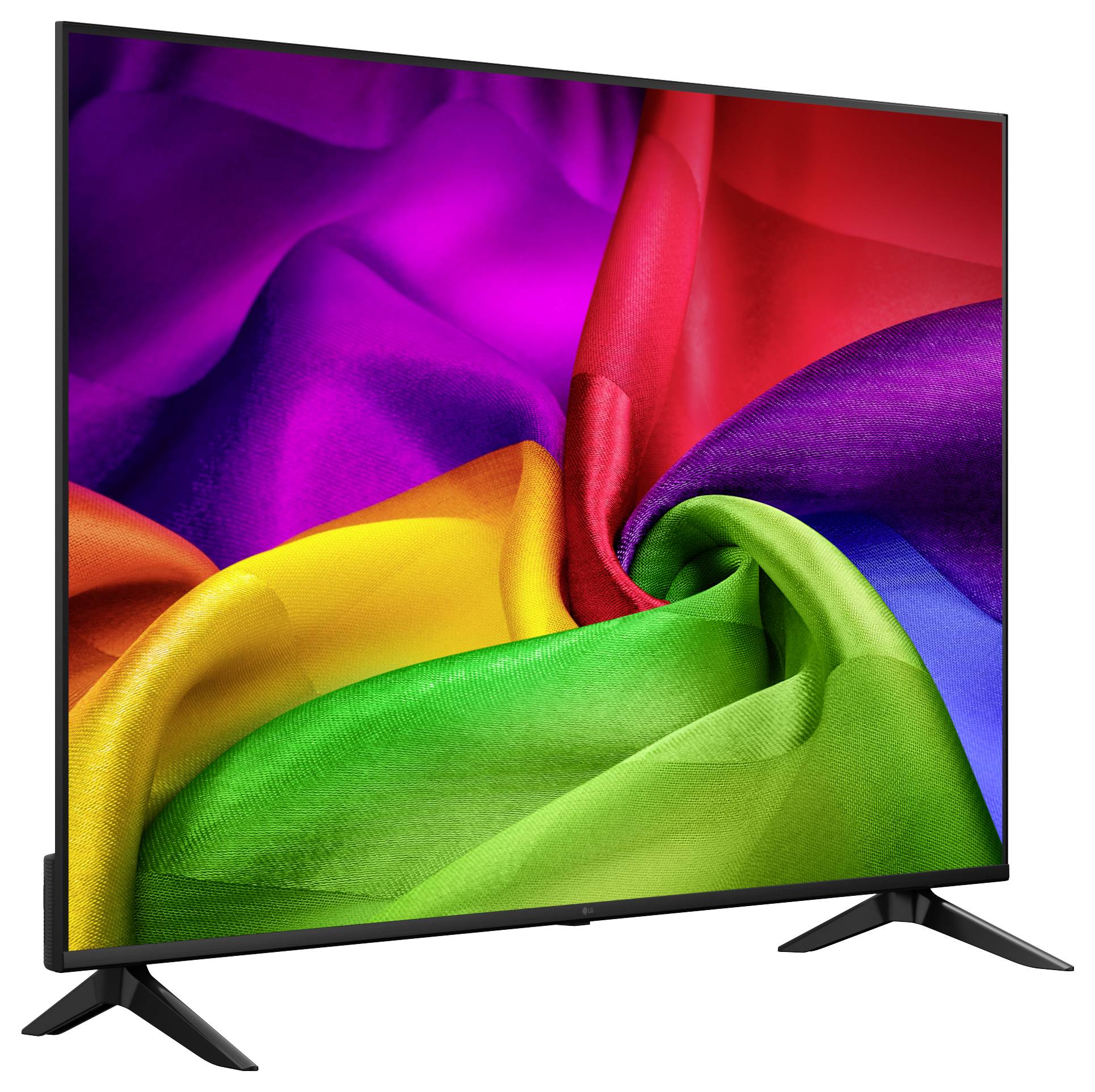 Televisore a schermo piatto che visualizza un astratto arcobaleno colorato con un'ondulazione simile a seta sullo schermo.