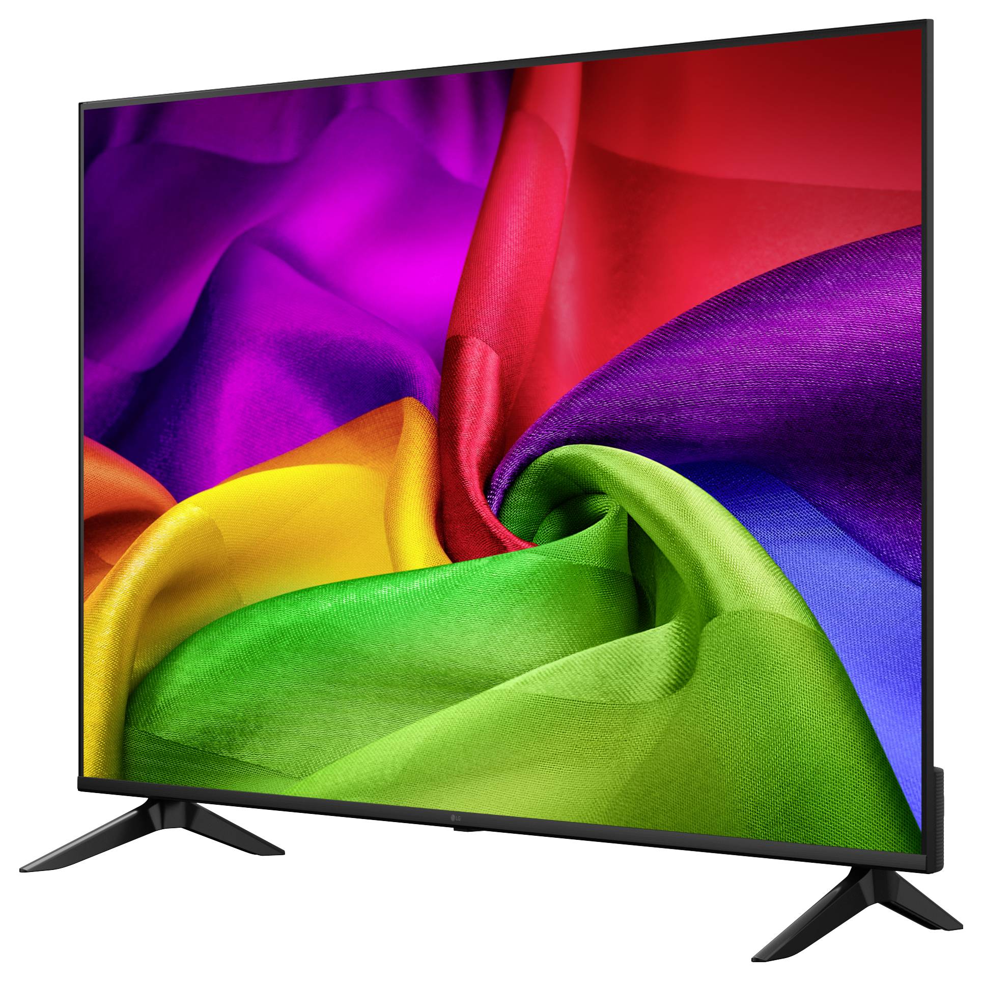 Una TV a schermo piatto che mostra un'immagine astratta di tessuto dai colori vivaci dell'arcobaleno su uno sfondo bianco.
