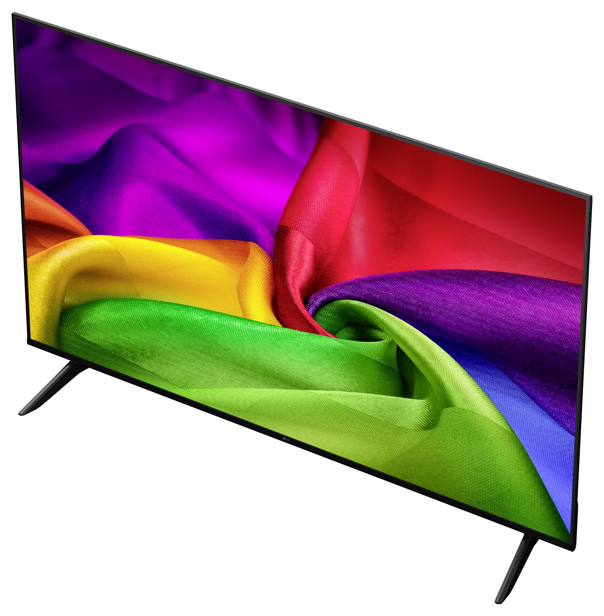 Un moderno televisore a schermo piatto che mostra un vivace turbine arcobaleno astratto su sfondo bianco.