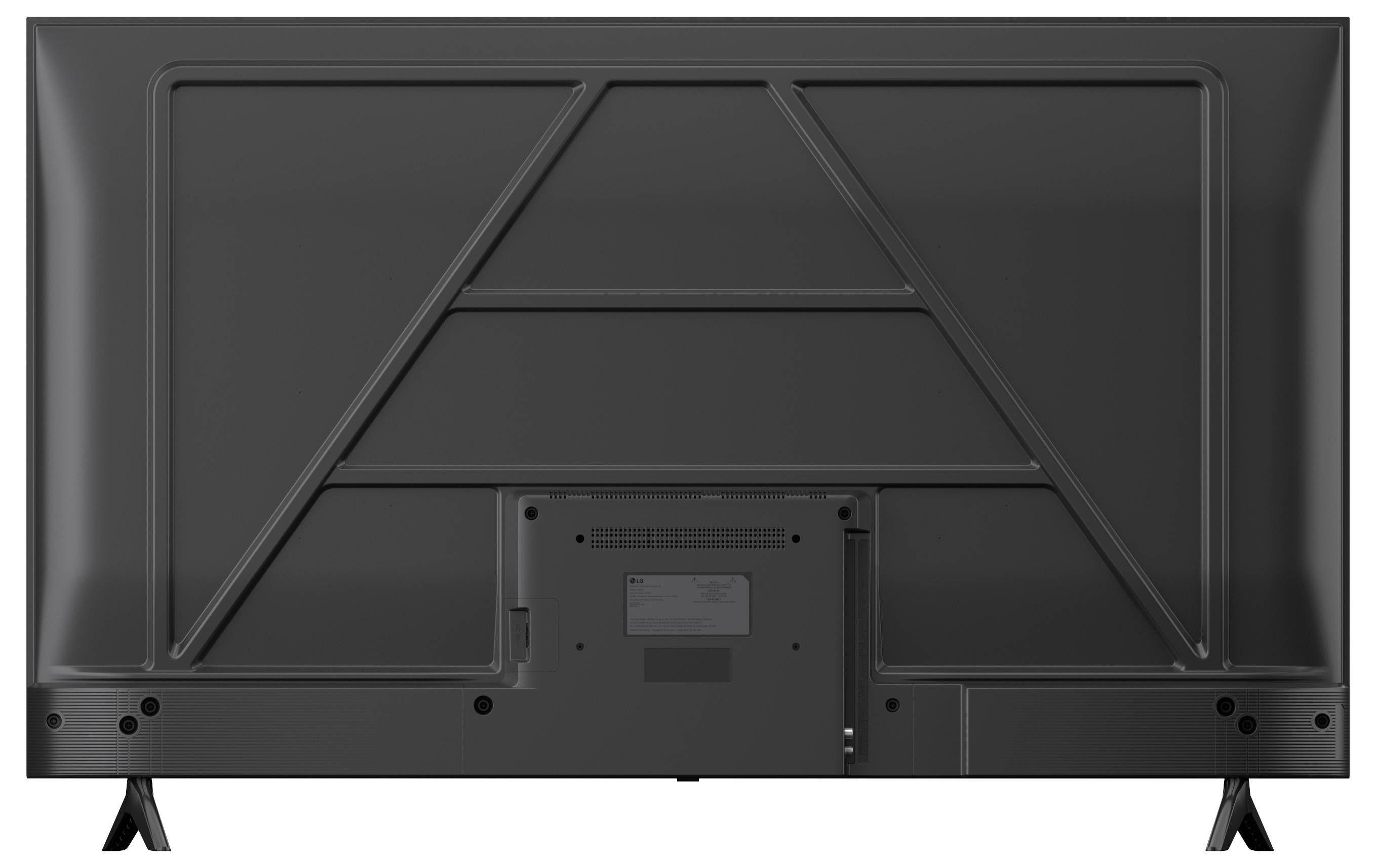 Vista posteriore di una TV a schermo piatto su piedistalli, che mostra il pannello di montaggio, l'area delle porte e il design geometrico del supporto posteriore.