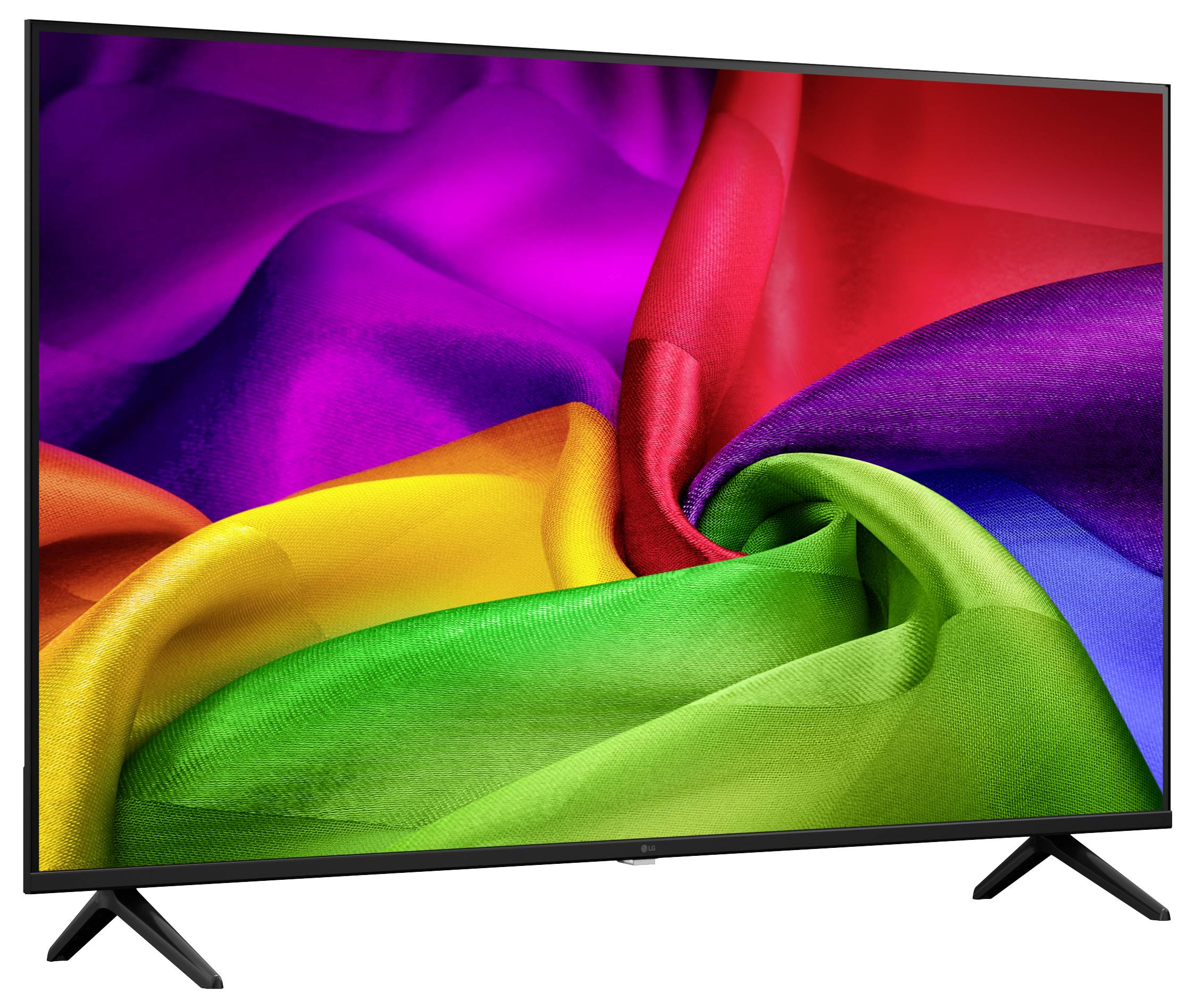 TV a schermo piatto che visualizza vorticosi astratti simili a tessuto colorati in tonalità arcobaleno su sfondo bianco.