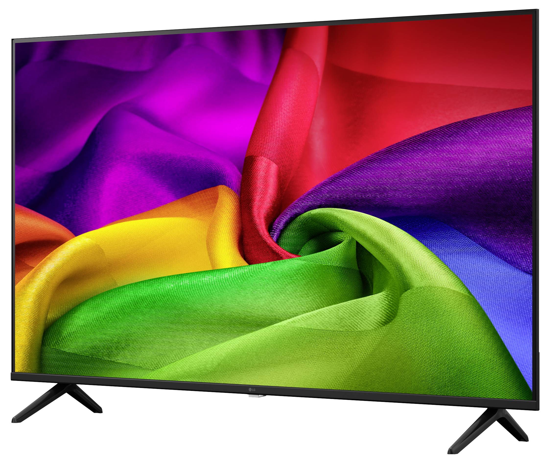 Televisore a schermo piatto che visualizza un'immagine vivida di tessuto dai colori dell'arcobaleno su sfondo bianco.