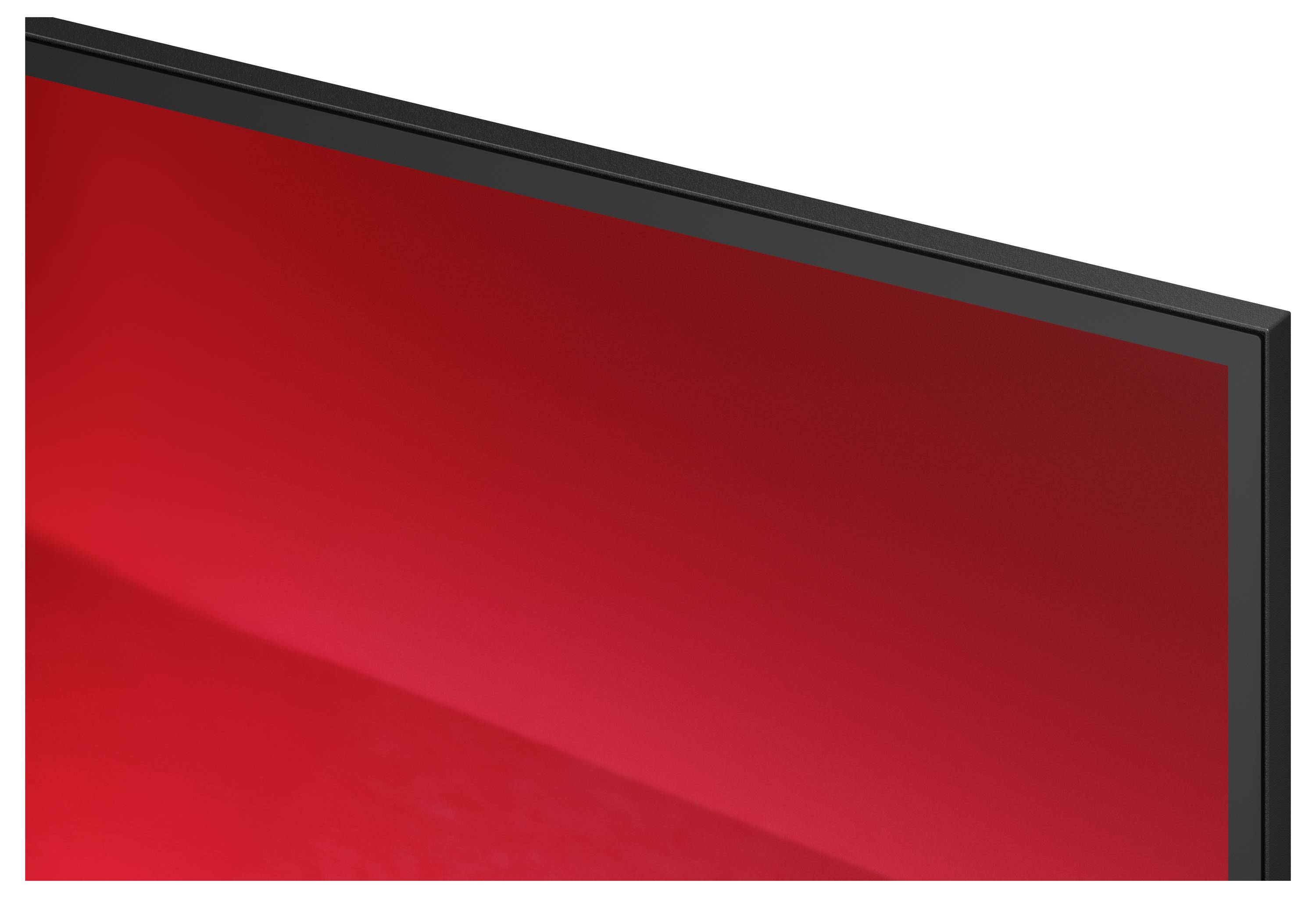 Primo piano di uno schermo o pannello rosso in una cornice nera, mostrato in angolazione.